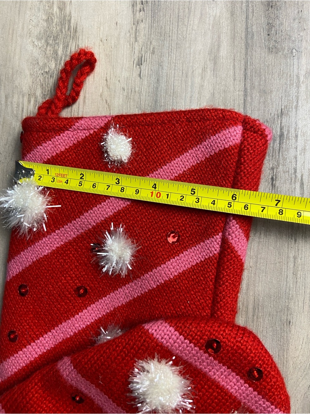 Red Pink Striped Holiday Stocking with Pom Poms and sequins - Picture 8 of 8